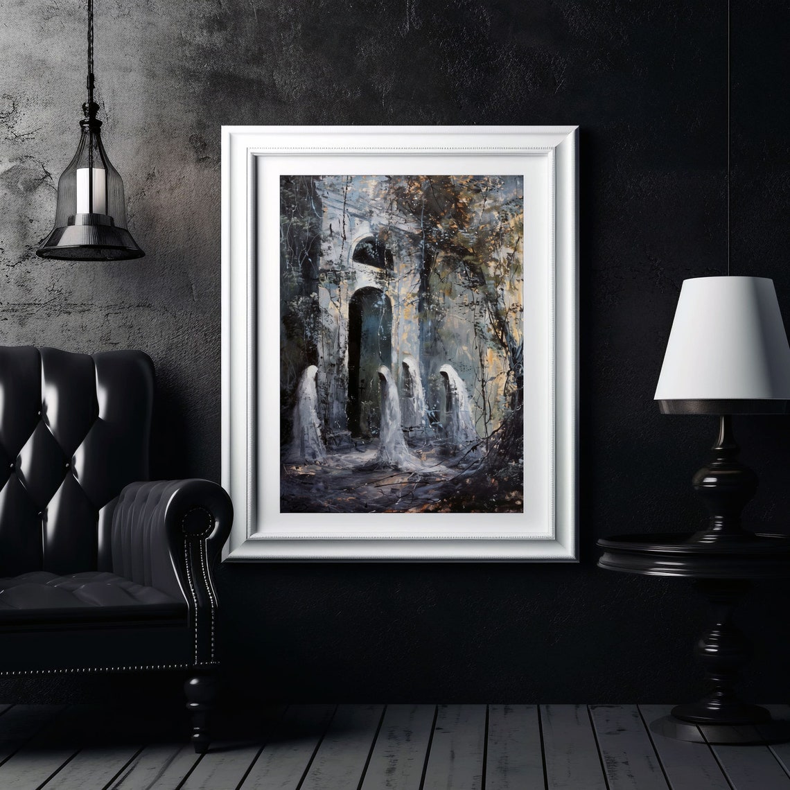 Ghosts Among Ancient Ruins Dark Forest Night Gothic Art Poster - Image 3