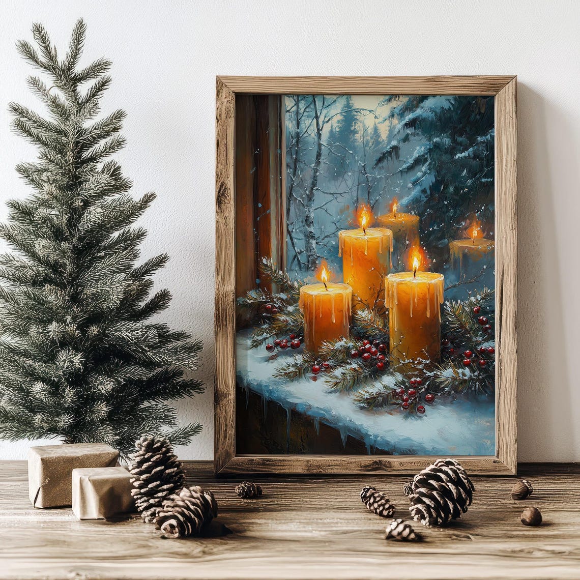 Winter Candles On Snowy Windowsill Christmas Glow Art Poster - Image 3