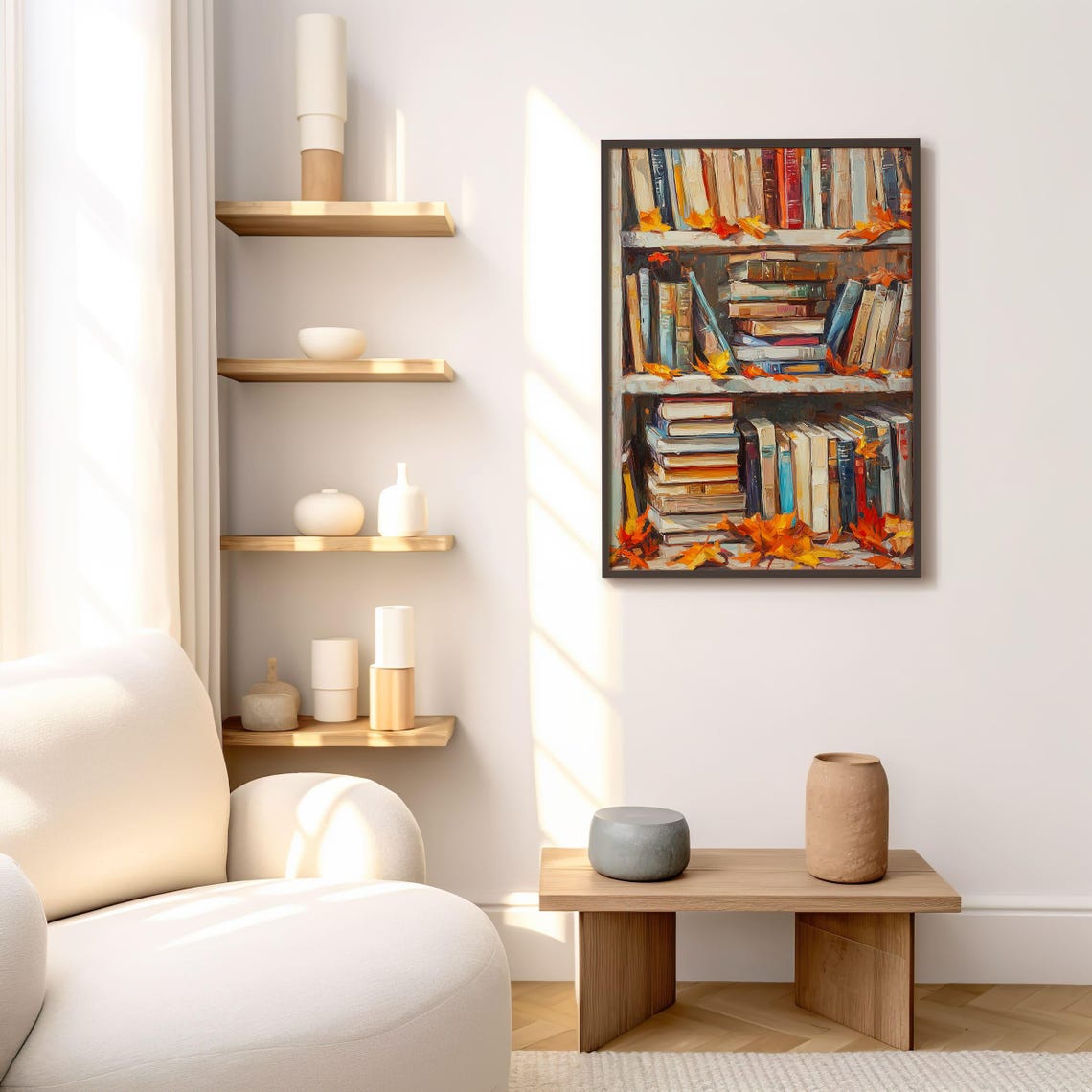 Autumn Bookshelf Painting With Fall Leaves Cozy Library Poster - Image 7