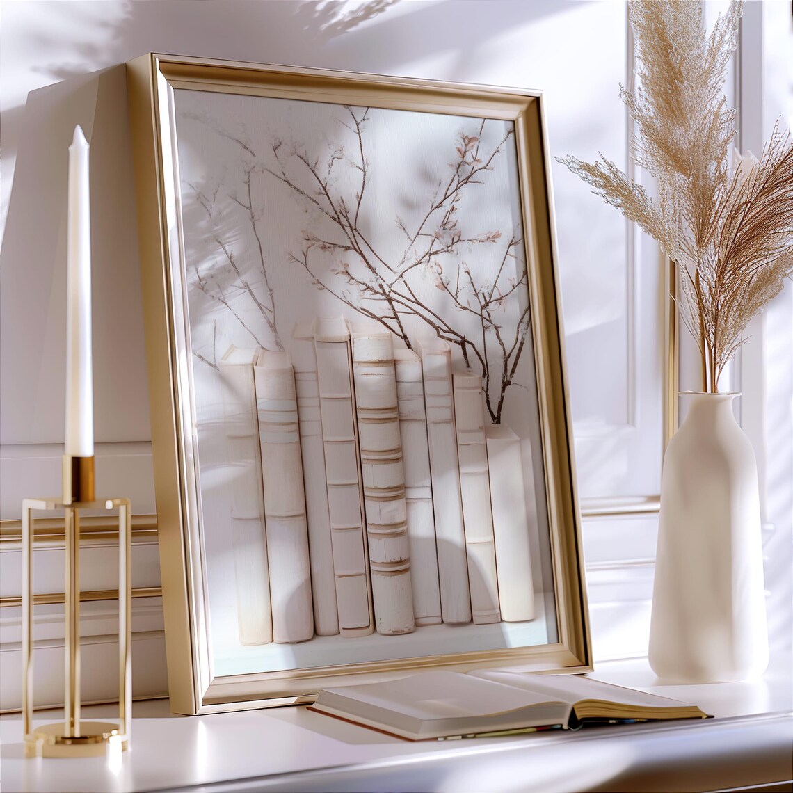 Minimalist Book Lover Art Print, Neutral Reading Nook - Image 3