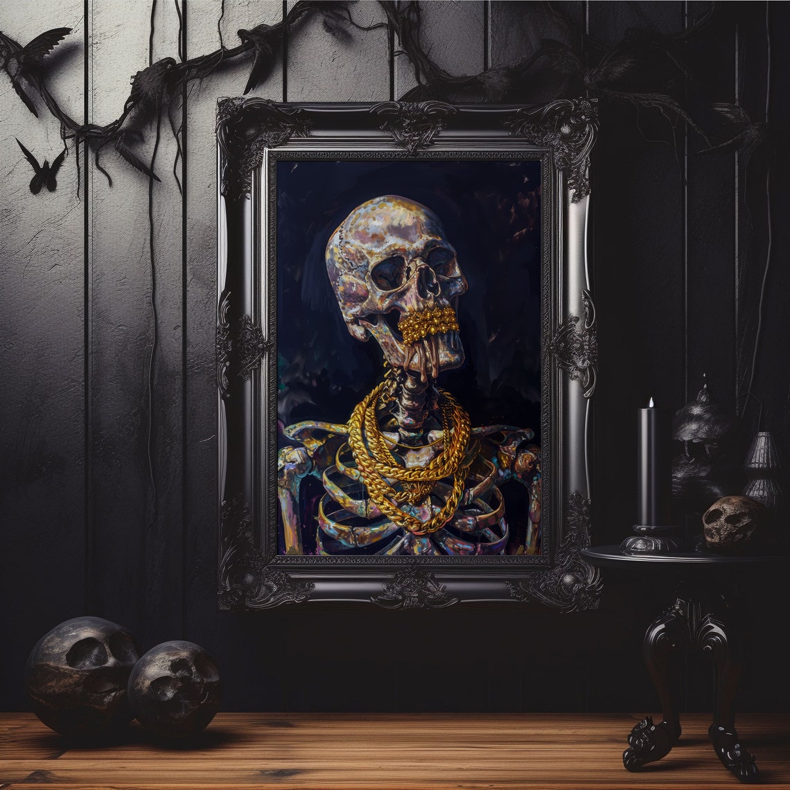 Colorful Painted Skeleton With Gold Chains Dark Fantasy Art Poster - Image 3
