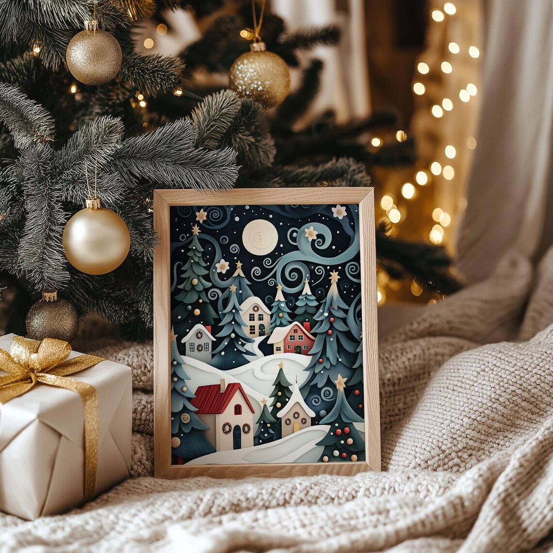Whimsical Snowy Night Village Paper Cut Style Christmas Poster - Image 4