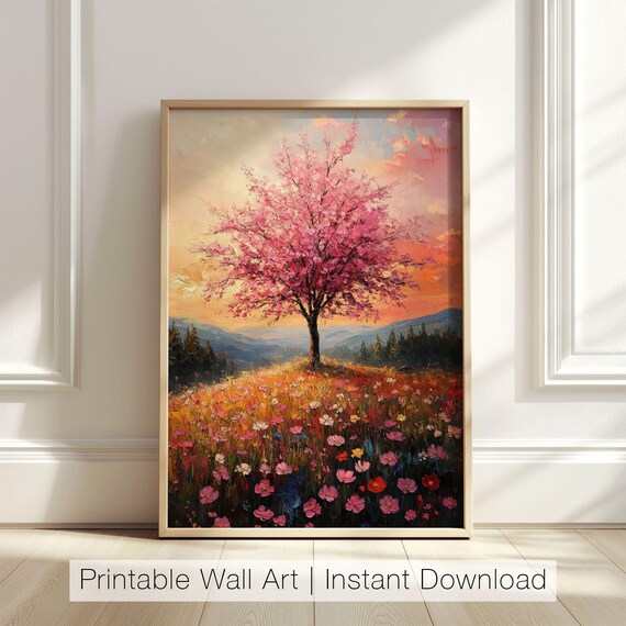 Cherry Blossom Tree Sunset Wildflower Field Mountain Glow Spring Art Poster