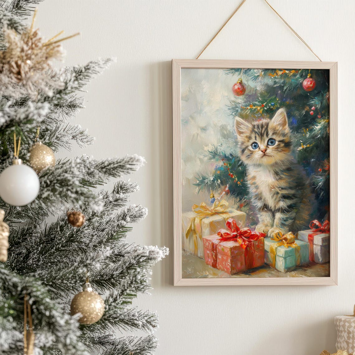 Cute Blue-Eyed Tabby Kitten by a Christmas Tree With Presents Poster - Image 7