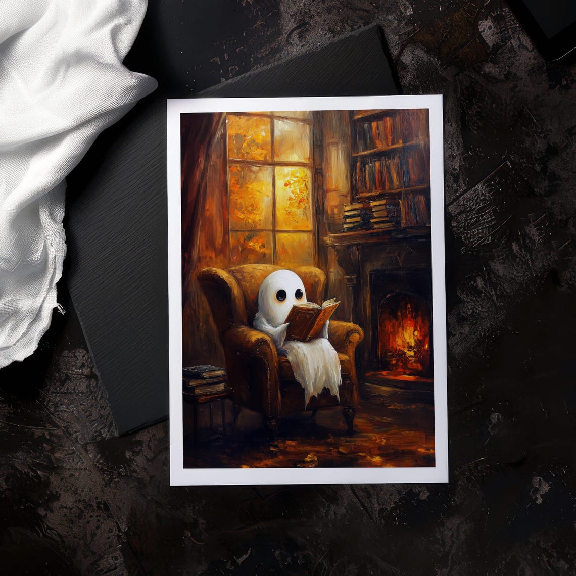 Cozy Ghost Reading by Fireplace in Dark Academia Library Poster - Image 5