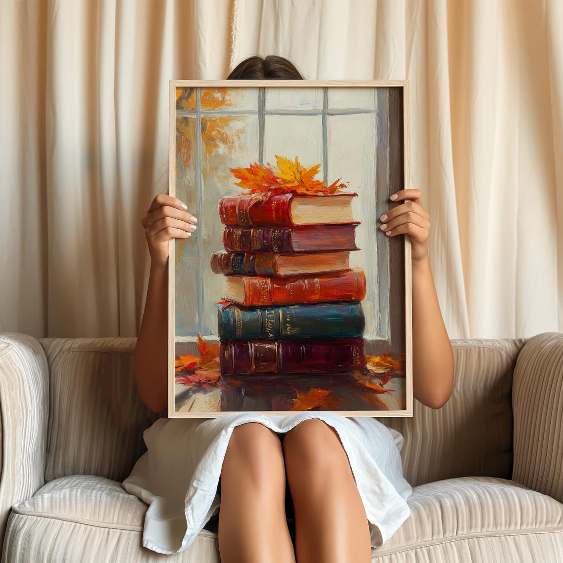 Vintage Book Stack By Window Autumn Maple Leaves Decor Art Poster - Image 3