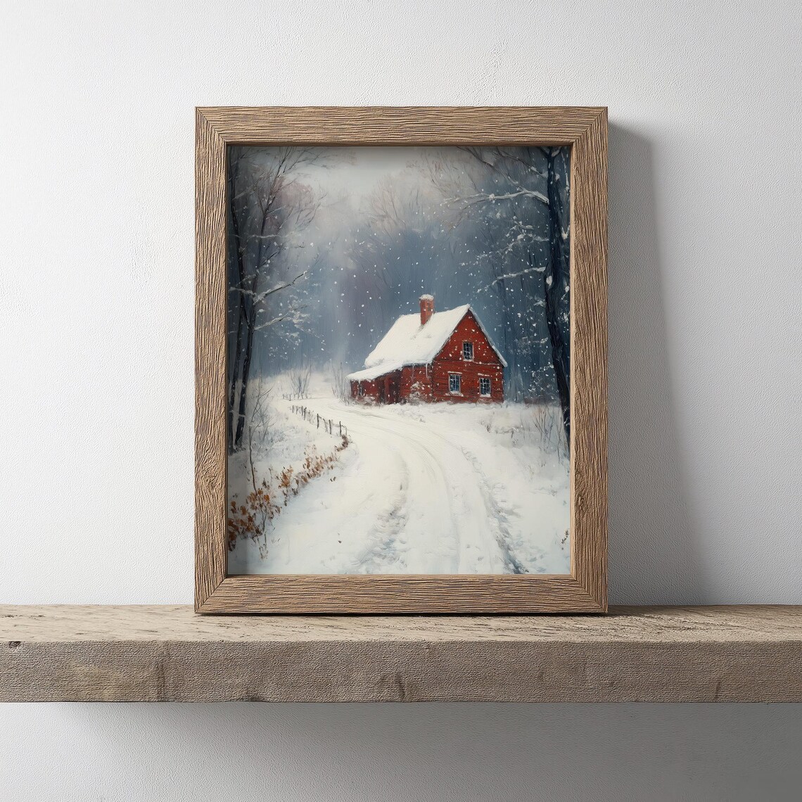 Cozy Red Winter Cottage Snowy Woods Falling Snow Rustic Cabin Scene Poster - Image 2