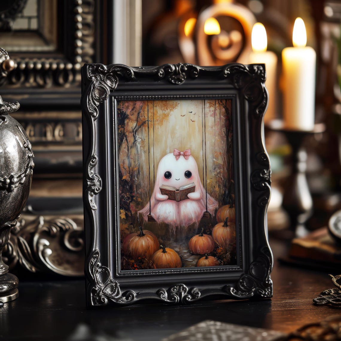 Cute Pink Ghost Reading on Swing Fall Pumpkin Patch Art Poster - Image 8