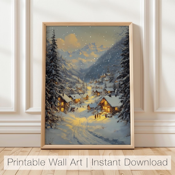 Snowy Village at Dusk with Glowing Cabins Winter Mountain Scene Poster