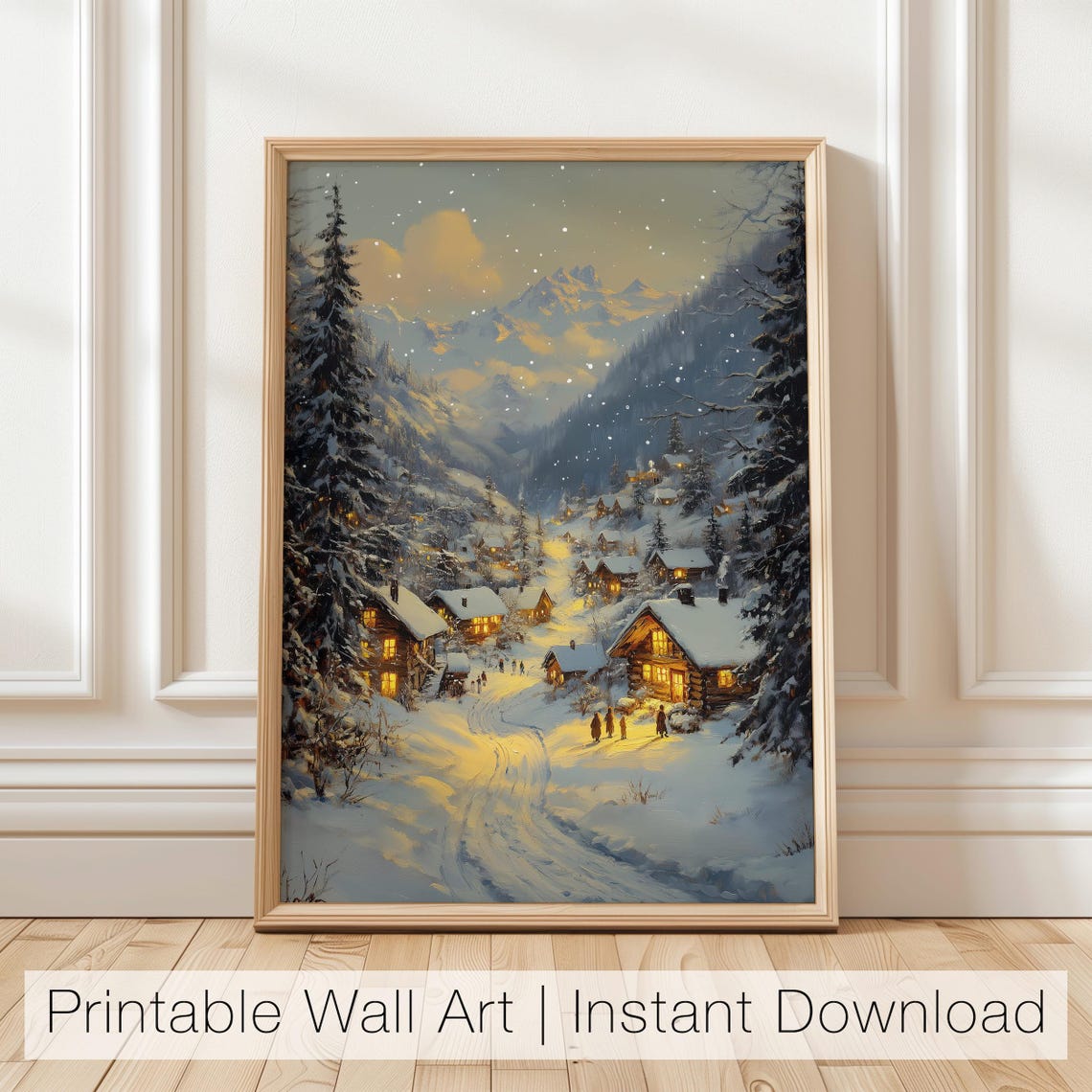 Snowy Village at Dusk with Glowing Cabins Winter Mountain Scene Poster