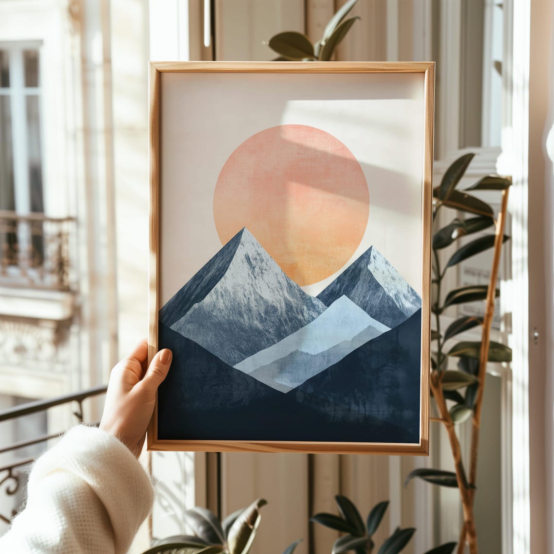 Minimalist Snowy Blue Mountain Peaks With Big Peach Sun Poster - Image 3