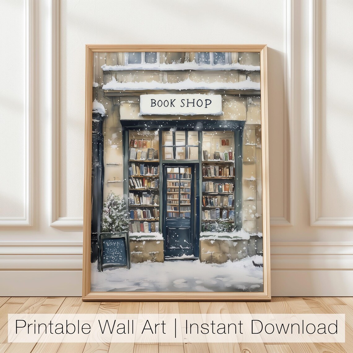 Winter Bookshop Christmas Wall Art, Cozy Print