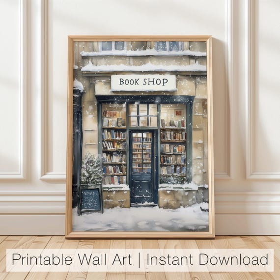Winter Bookshop Christmas Wall Art, Cozy Print