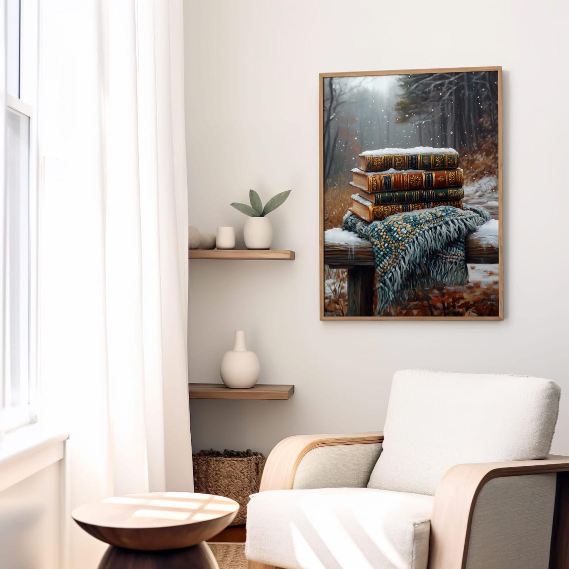 Stack of Vintage Books in Snow on Wooden Bench Winter Forest Poster - Image 2