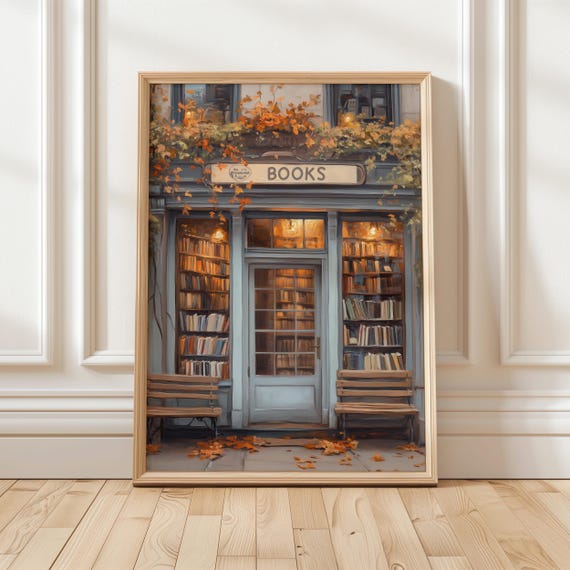 Autumn Bookshop Vintage Art Print, Fall Decor