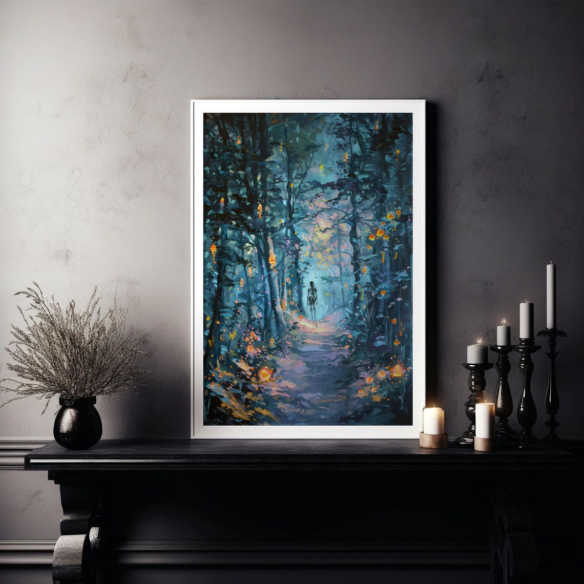 Skeleton in Glowing Blue Forest Night Halloween Painting Poster - Image 7
