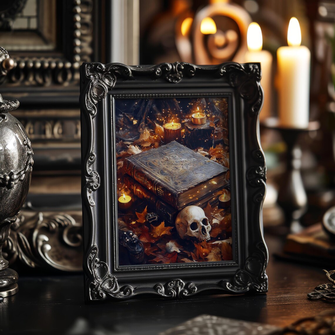 Witchy Spell Books Skull and Candles Dark Academia Art Poster - Image 2