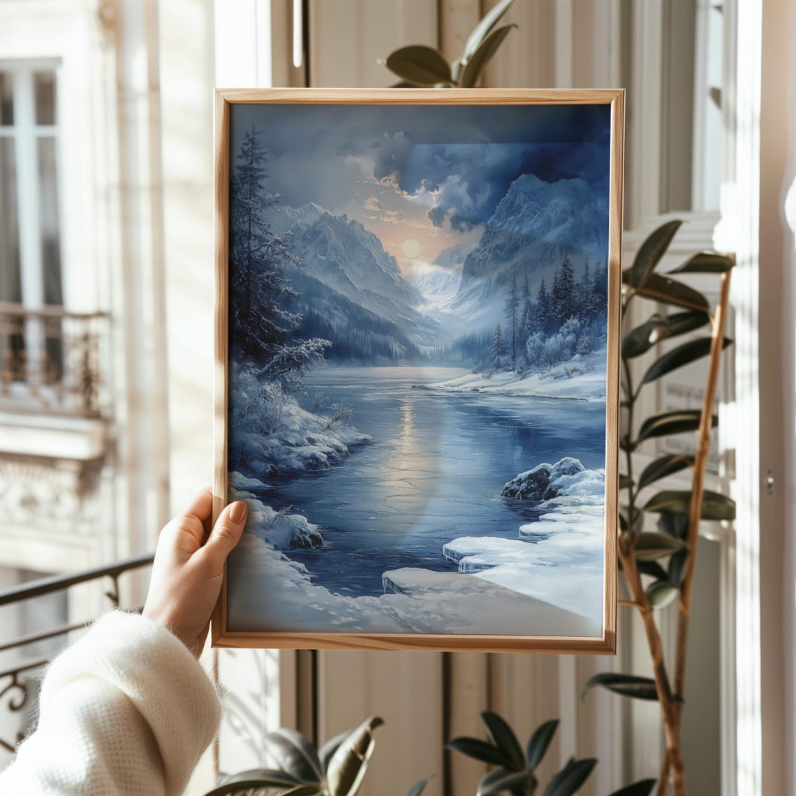 Winter Mountain Valley with Frozen Lake at Sunset in Blue Tones Poster - Image 3