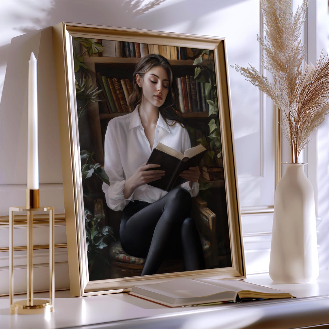 Woman Reading Book in Cozy Library Book Lover Portrait Poster - Image 3