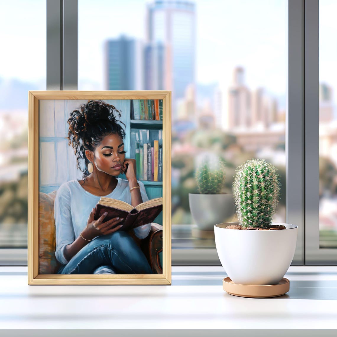 Beautiful Black Woman Reading Book by Window Cozy Library Scene Poster - Image 3