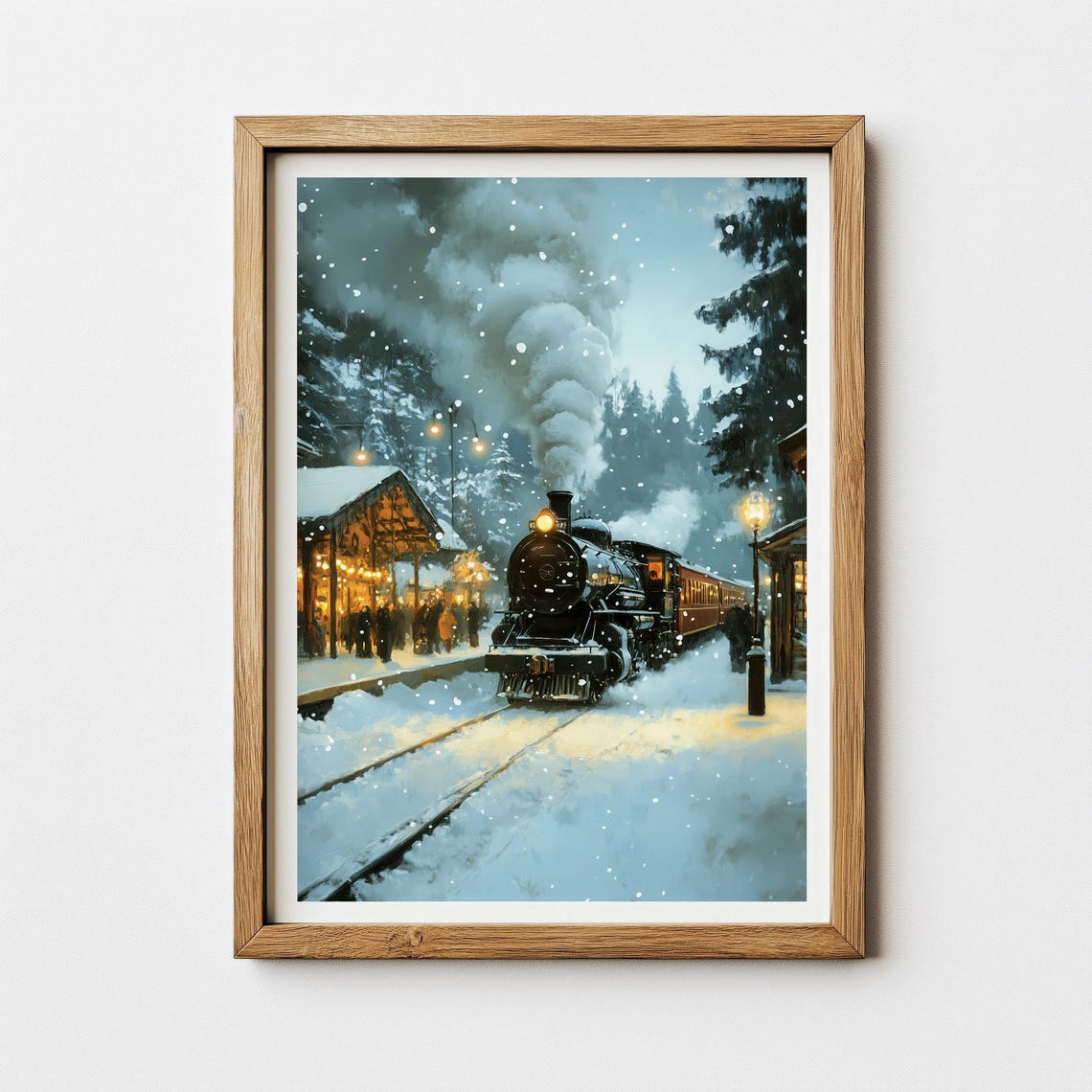 Steam Train At Snowy Station Winter Night Vintage Art Poster - Image 3