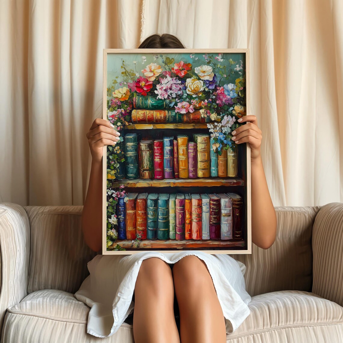 Vintage Bookshelf With Antique Books And Fresh Flowers Poster - Image 2