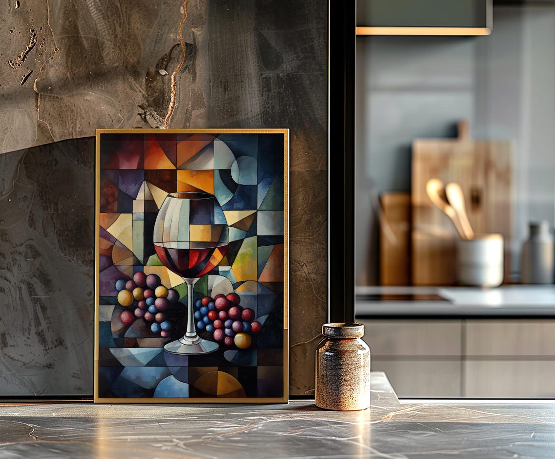 Cubist Wine Glass with Colorful Grapes Geometric Still Life Poster - Image 2