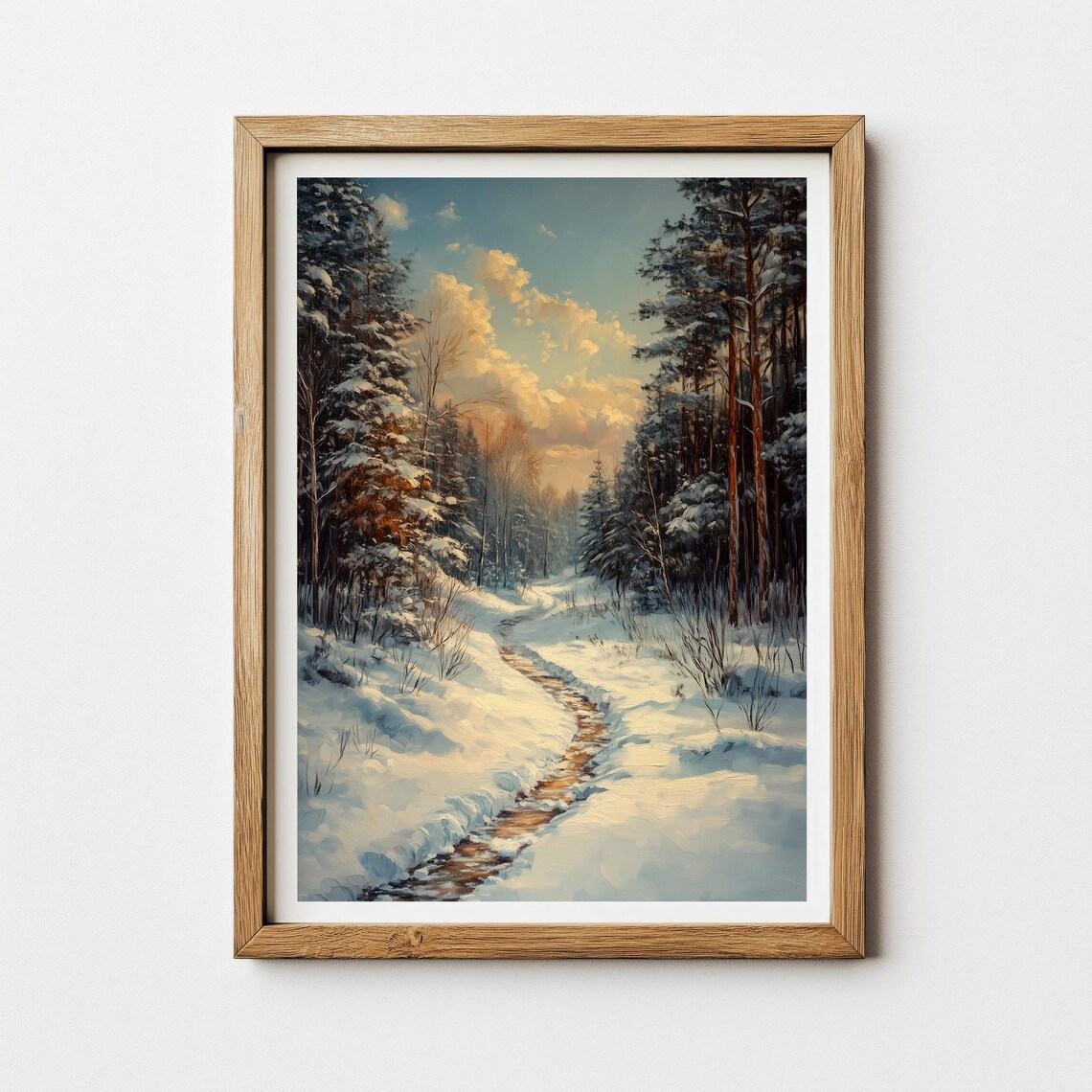Snowy Winter Forest Path Pines Sunset Sky Serene Nature Landscape Poster - Image 3