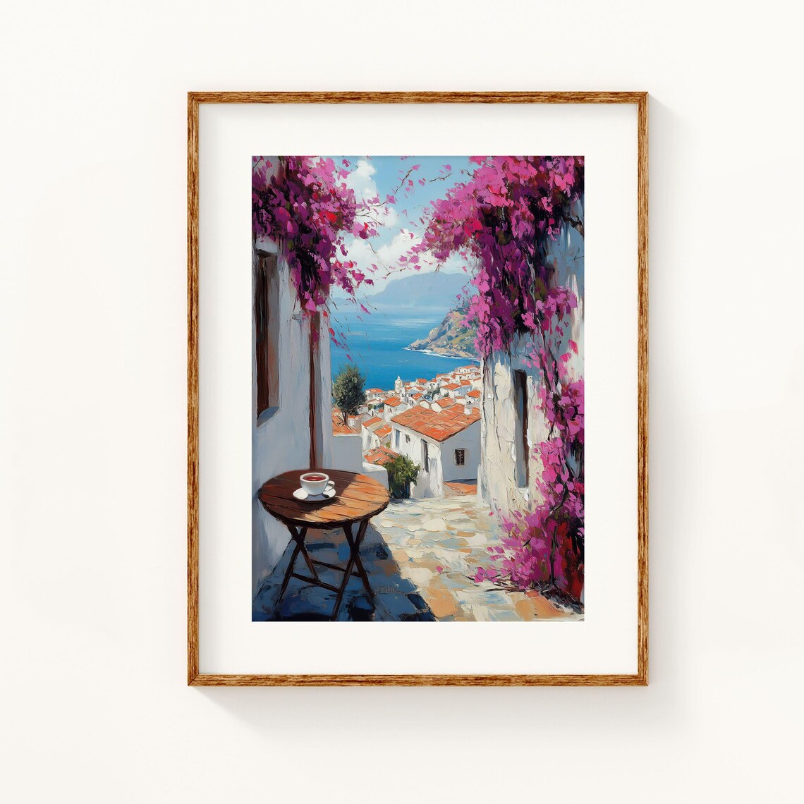 White Alley Bougainvillea Sea View Coffee Table Coastal Village Scene Poster - Image 3