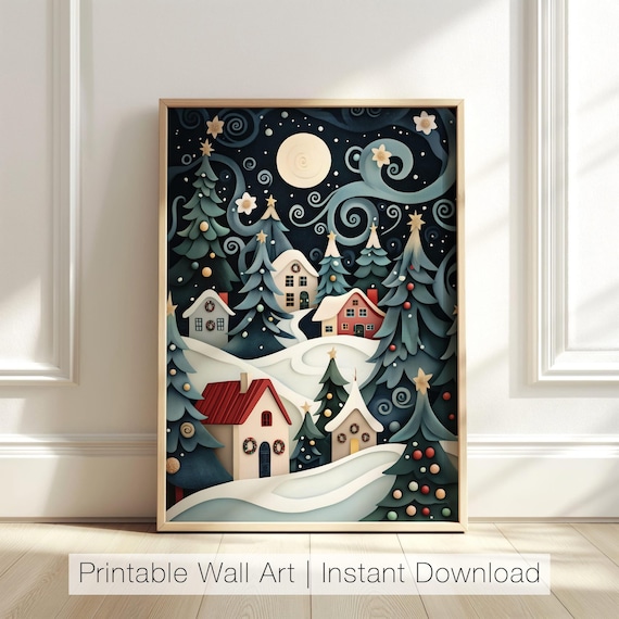 Whimsical Snowy Night Village Paper Cut Style Christmas Poster