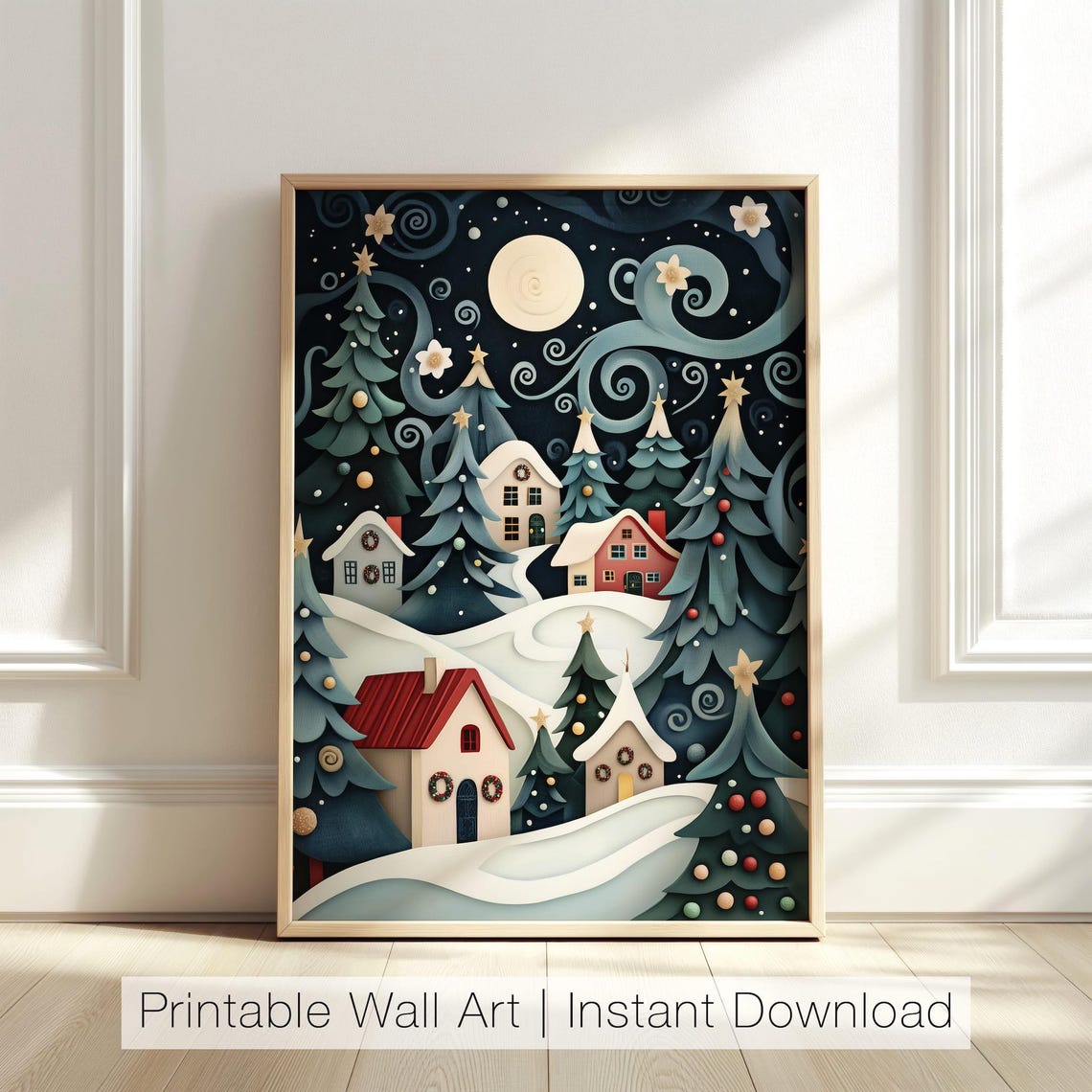 Whimsical Snowy Night Village Paper Cut Style Christmas Poster