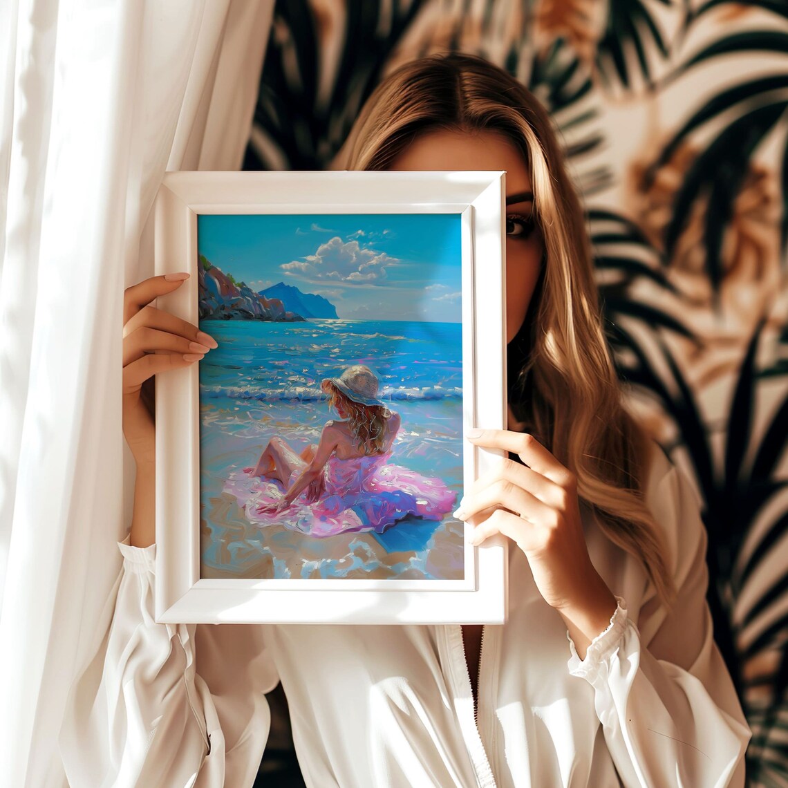 Woman In Pink Dress And Sun Hat At The Beach Coastal Art Poster - Image 6