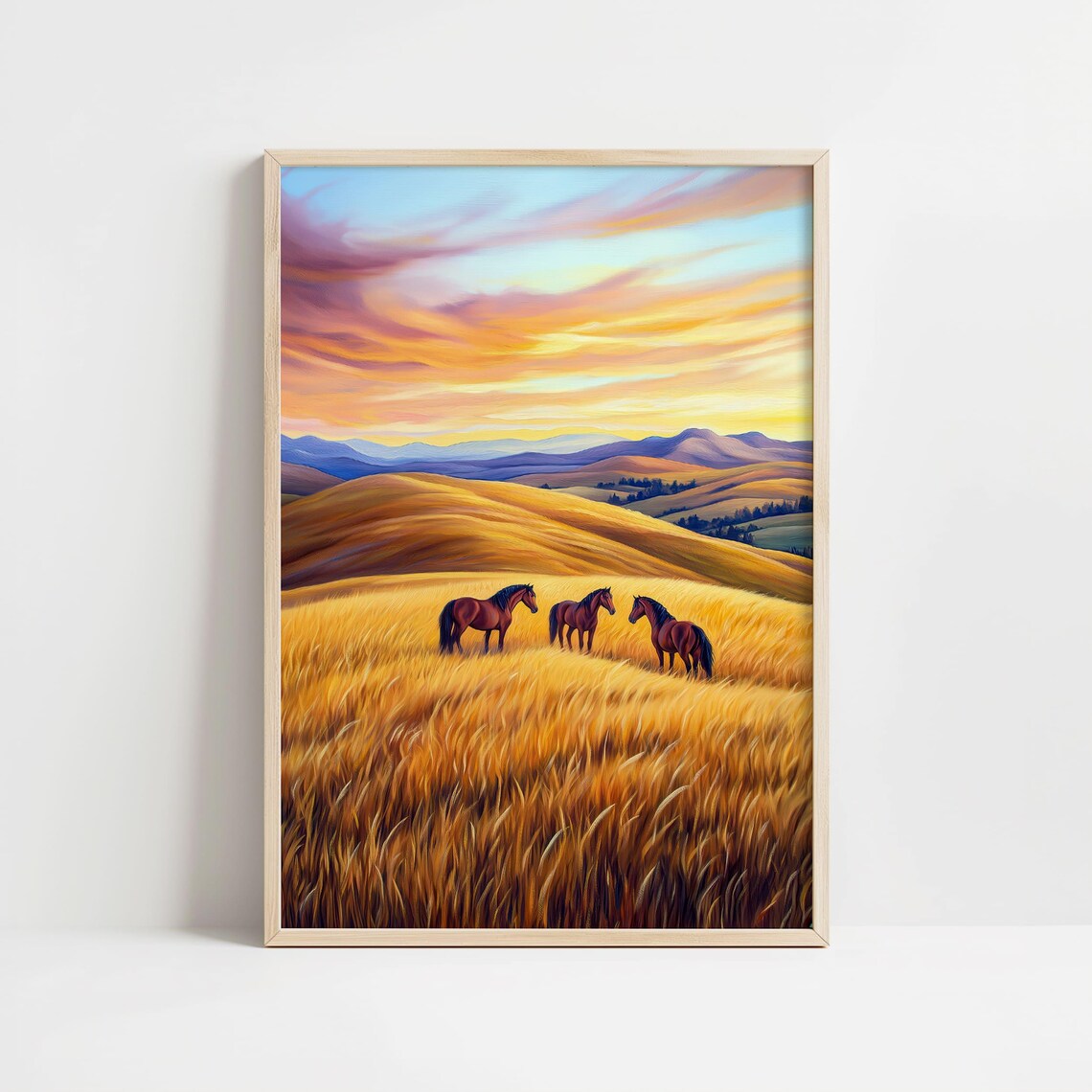 Three Wild Horses in Golden Sunset Prairie Wheat Field Poster - Image 8