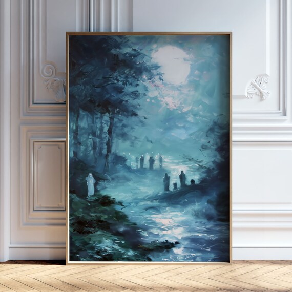 Moonlit Forest With Ghostly Figures Spooky Teal Gothic Art Poster
