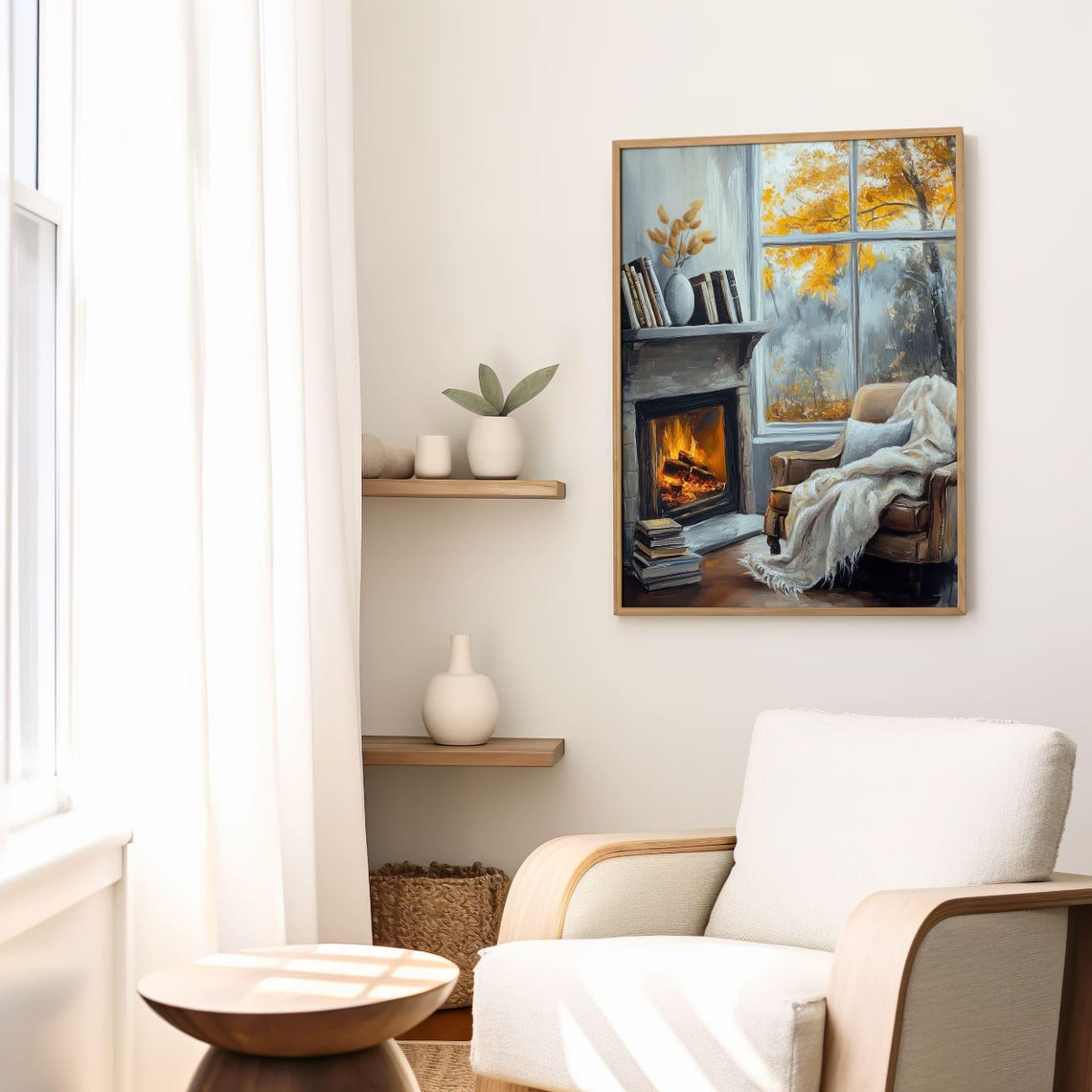 Cozy Fireplace Reading Corner With Autumn Window View Poster - Image 4