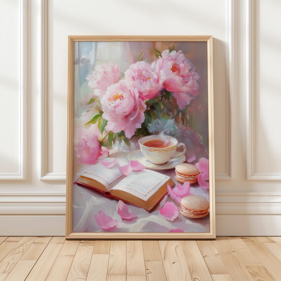 Pink Peonies with Open Book Tea and Macarons Floral Bookish Art Poster