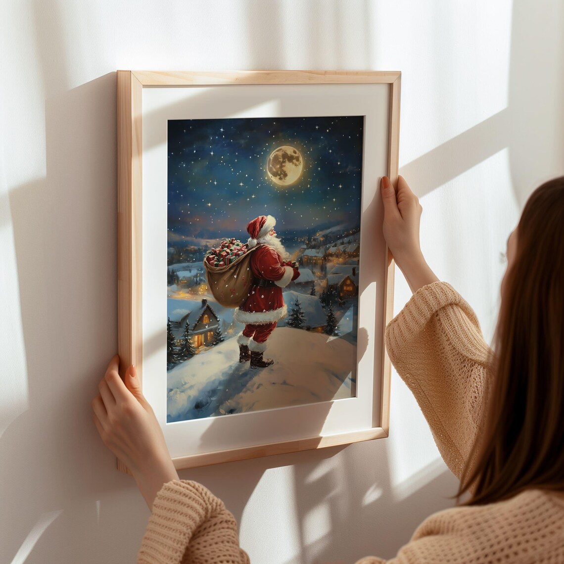 Santa Claus Christmas Night with Full Moon Art Print - Image 4
