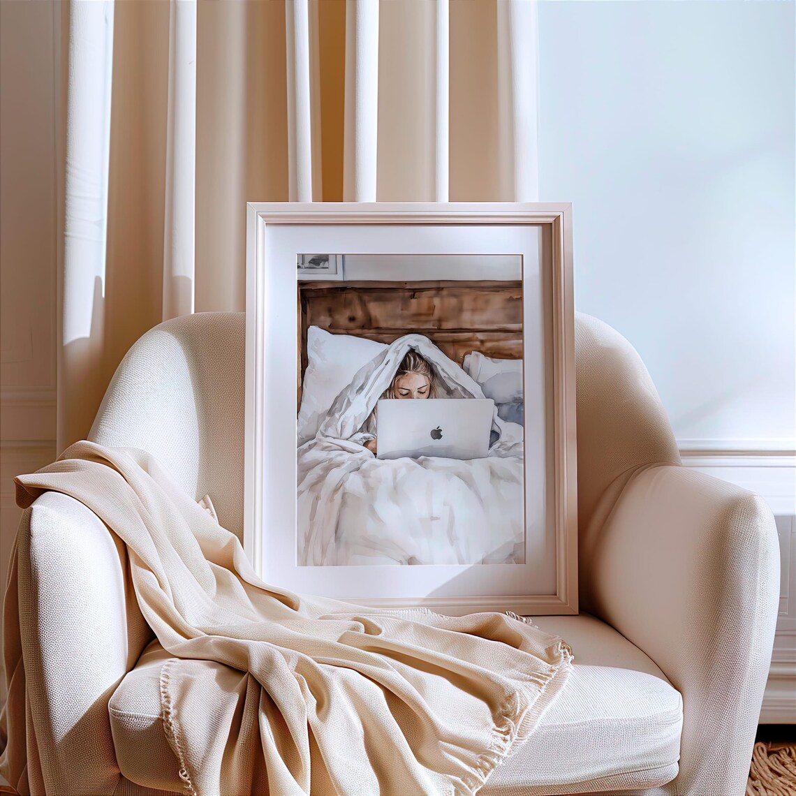 Cozy Woman In Bed With Laptop Work From Home Watercolor Poster - Image 4
