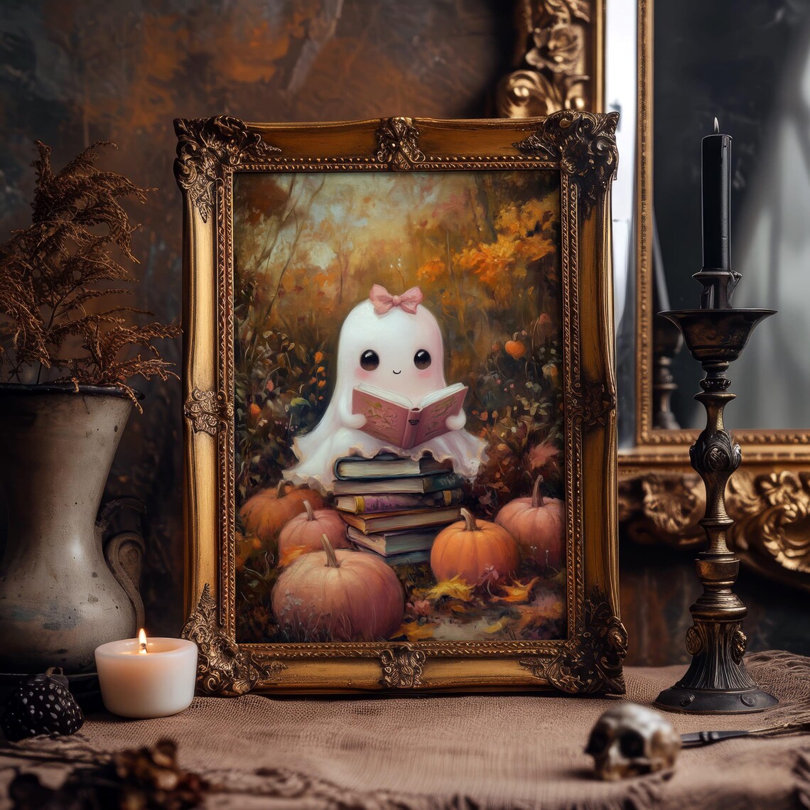 Cute Ghost Reading Art Print Pink Halloween Book Decor Adorable Autumn Wall Art Cozy Fall Artwork - Image 8