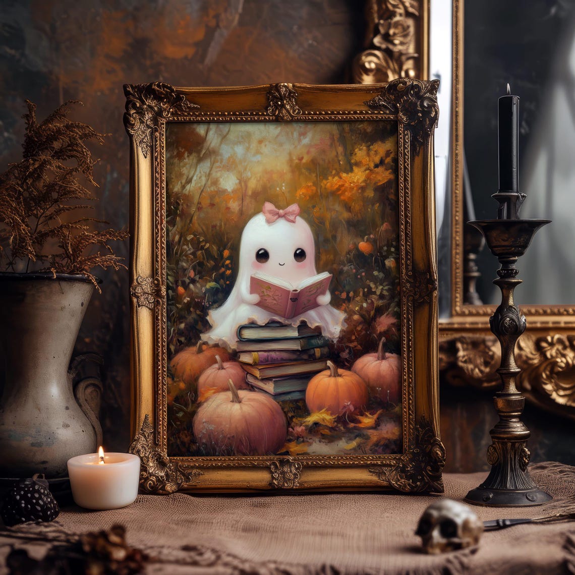 Cute Ghost Reading Book Among Pumpkins Autumn Forest Halloween Poster - Image 8