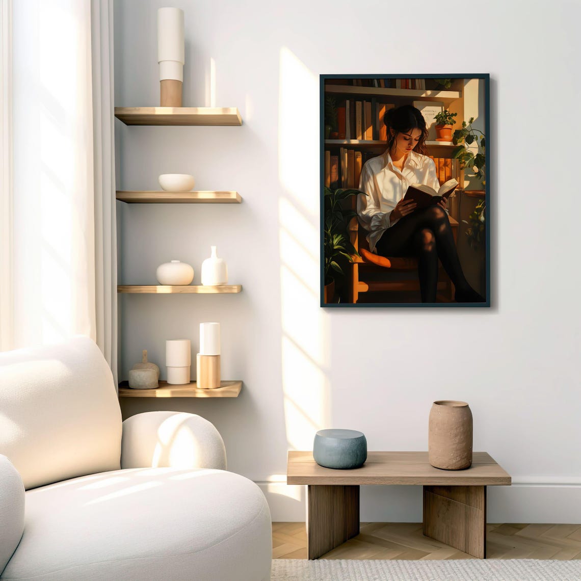 Woman Absorbed In A Book In Sunlit Home Library Corner Poster - Image 7