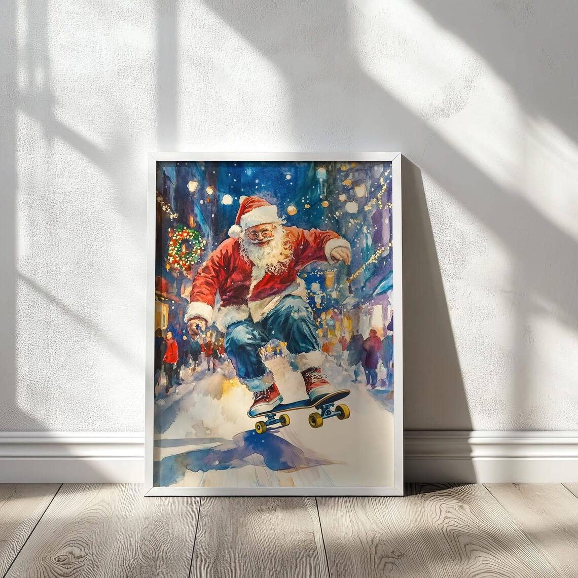 Santa Claus Skateboarding Through Snowy City Street Night Poster - Image 2