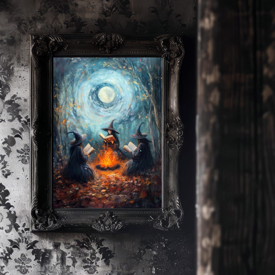 Three Witches Reading by Campfire Moonlit Forest Gothic Poster - Image 7