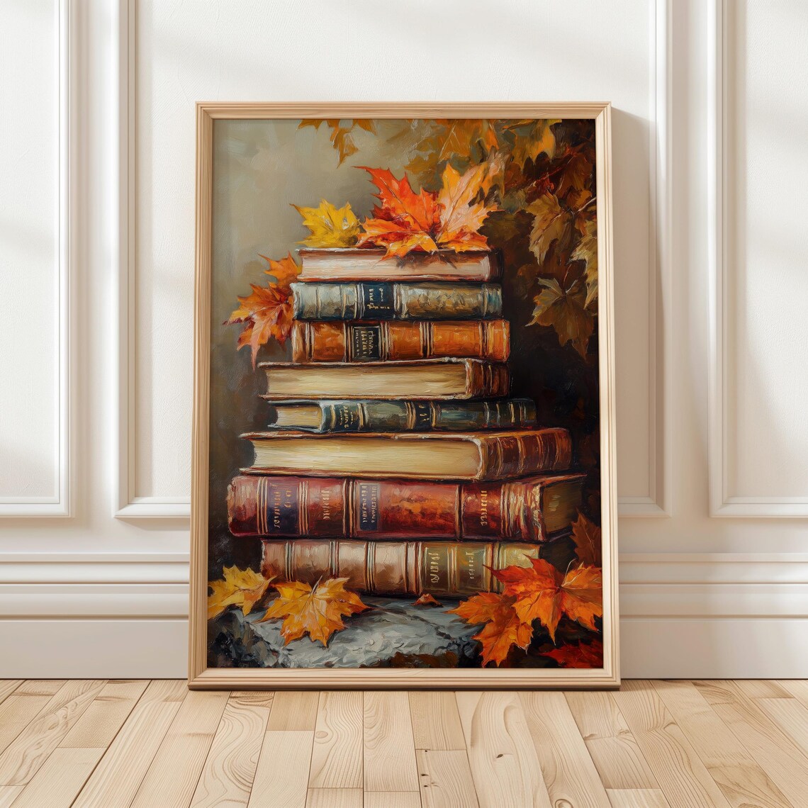 Vintage Stack of Antique Books With Autumn Maple Leaves Poster