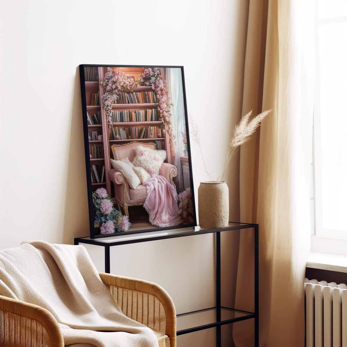 Pink Blush Reading Nook Plush Armchair With Cherry Blossoms Poster - Image 3