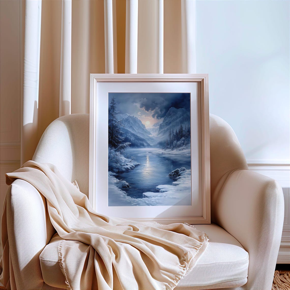 Winter Mountain Valley with Frozen Lake at Sunset in Blue Tones Poster - Image 4