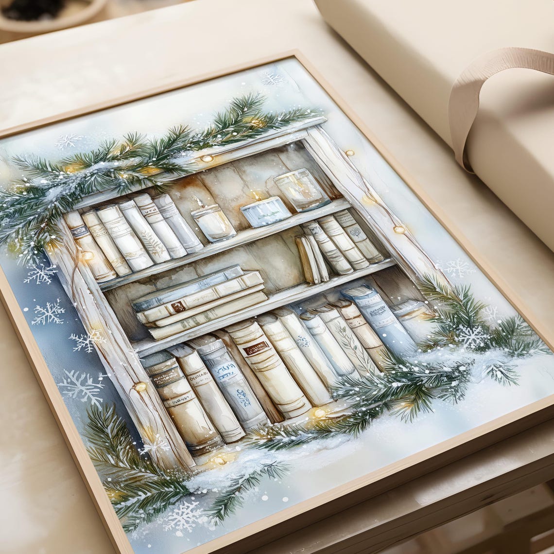 Christmas Bookshelf With Pine Garland Candles and Fairy Lights Poster - Image 4