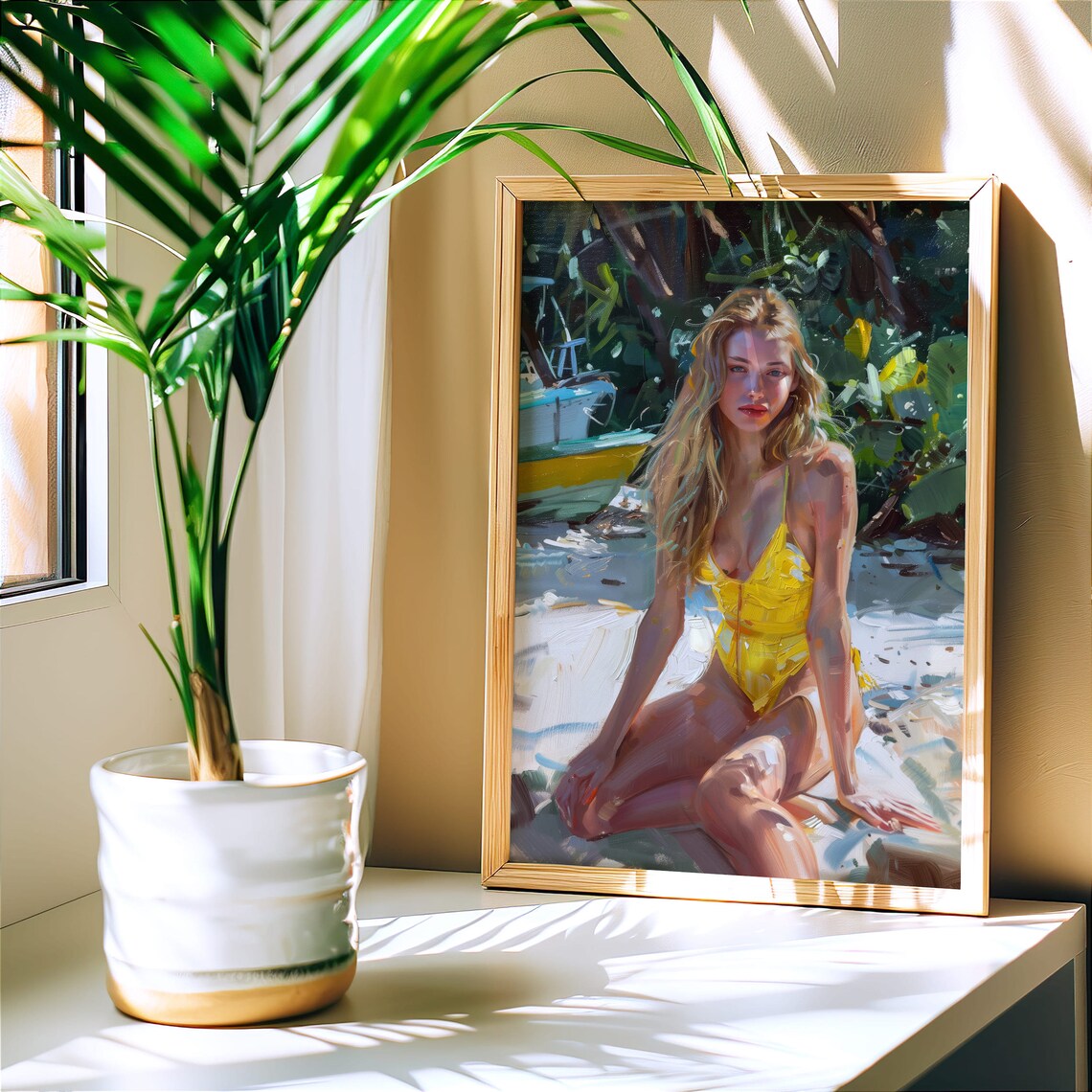 Woman in Yellow Swimsuit Tropical Beach Impressionist Art Poster - Image 2