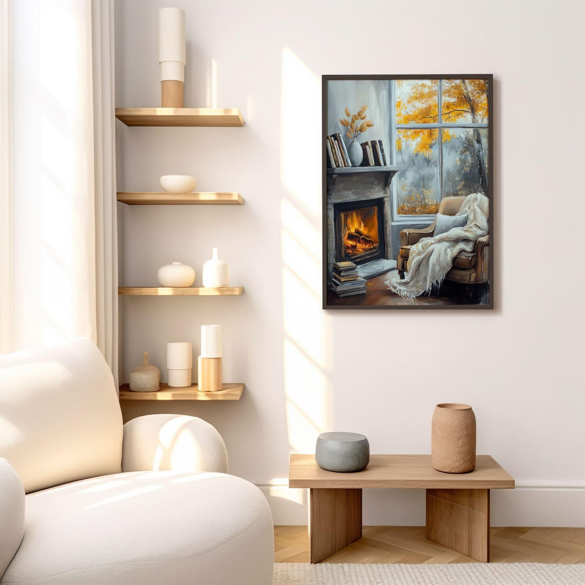 Cozy Fireplace Reading Corner With Autumn Window View Poster - Image 8