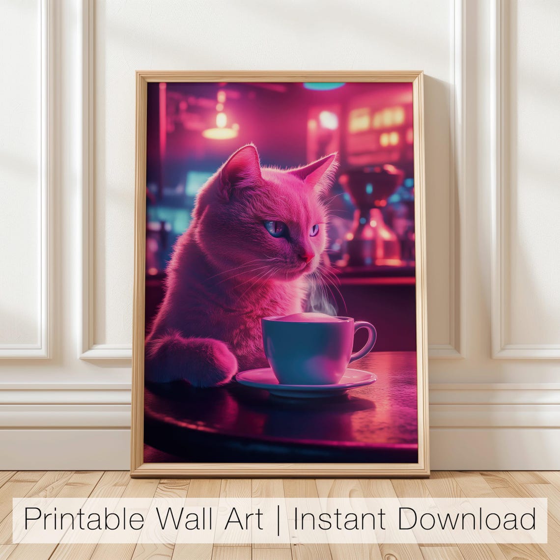 Neon Pink Cat With Coffee Cyberpunk Night Cafe Animal Wall Poster